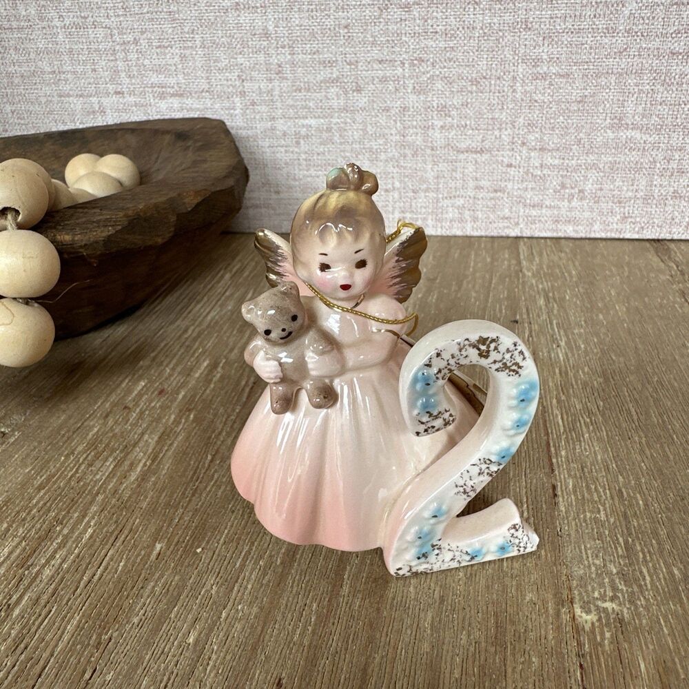 Vintage Josef Originals 2nd Birthday Angel Figurine Pink Gown Teddy Bear Japan